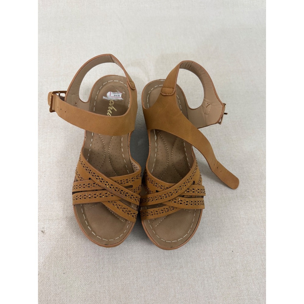 Chulis‎ Amanda-L Tan Laser Cut Rhinestone Wedge Sandals Womens 7 Ankle Strap